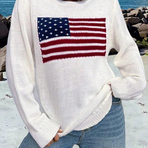 White Casual Womens Flag Design Drop Shoulder Sweater - Picture 4 of 5